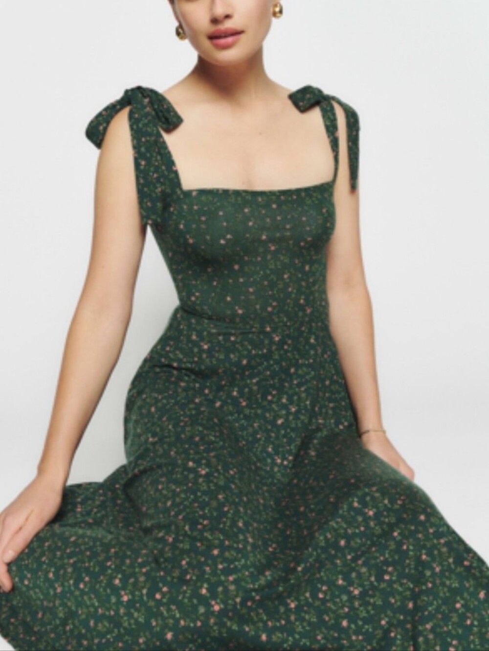 Reformation Edita Knit Dress Tie-Shoulder Dark Green Floral